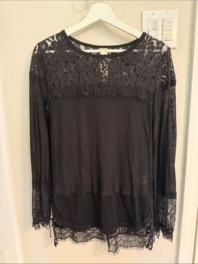 Free People Black Long Sleeve Top w/ Lace Trim
